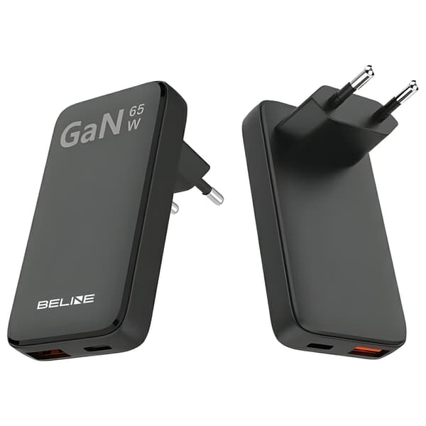 Beline Oplader 1x USB-C + 1x USB 65W sort (kun hoved) PD 3.0 + QC 3.0 BLN2CW65