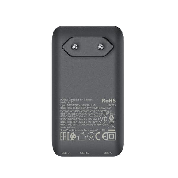 Acefast A100 65W GaN 2 USB-C+ USB-A Ultra Slim Oplader - Sort