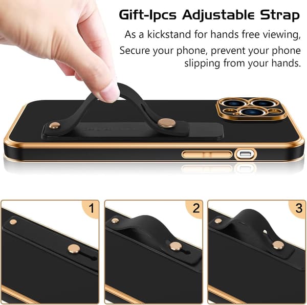 Apple iPhone 13 Pro Max -kotelo, silikoni, musta ja kultainen pidike