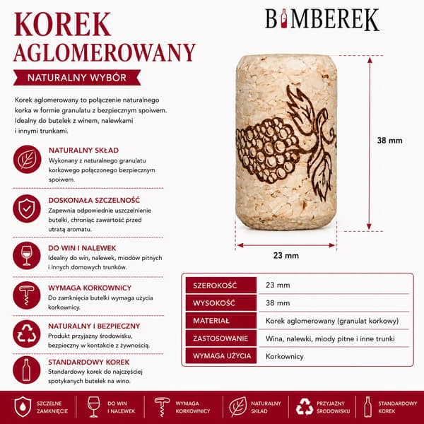 Korkflaskkorkar 23x38 för vinflaskor, tinkturer, cider, vin, 20 stycken