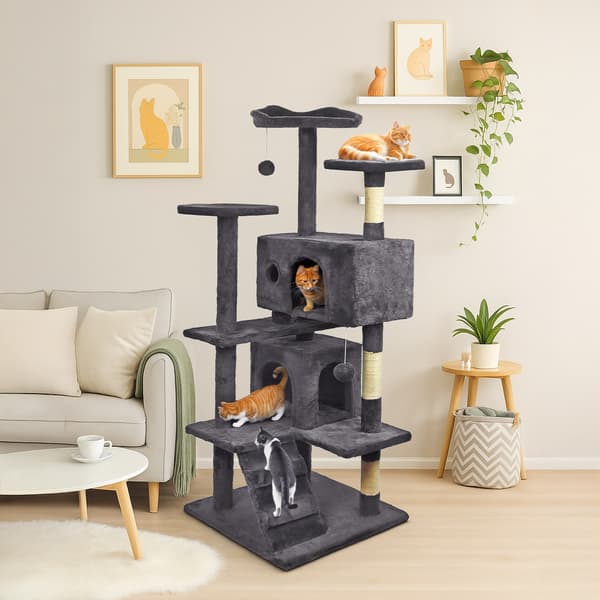 Kradsetræ til katte, stabil, høj, 7 niveauer, seng, mørkegrå, 138 cm