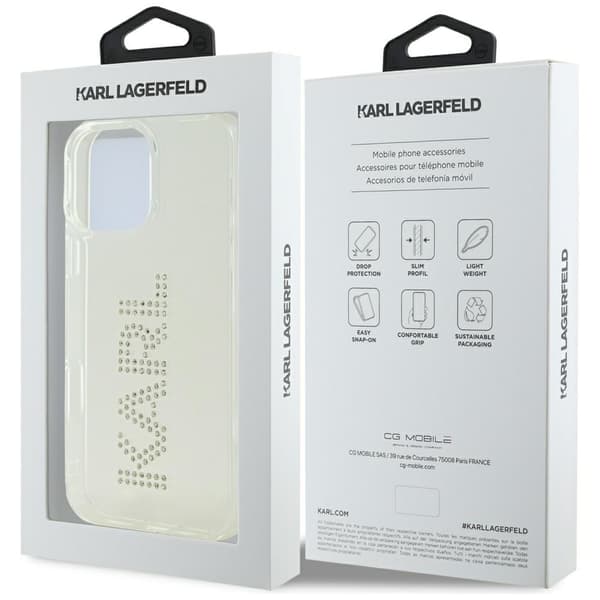 Karl Lagerfeld IML Strass Logo iPhone 16 Pro -kotelo, läpinäkyvä