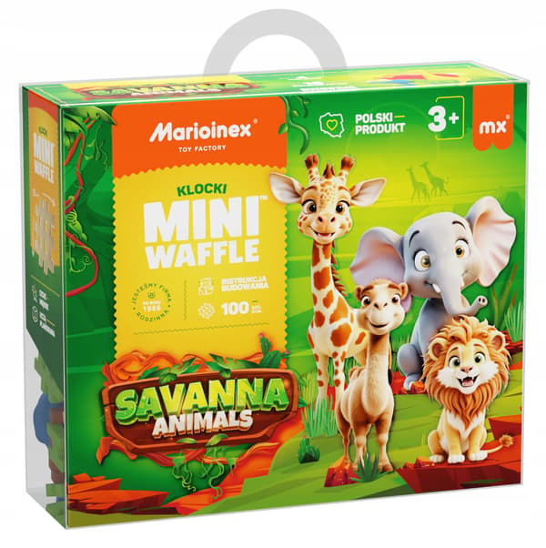 Marioinex WAFFLE mini Savanndjursklossar, 100 bitar inklusive 16 djur