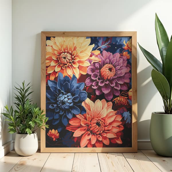 Mal efter nummer billede med ramme Farverige georginer 50x70 cm