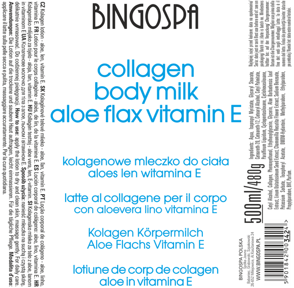 Kollagen kropsmælk aloe hørfrø E-vitamin BINGOSPA