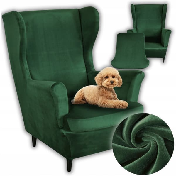 Betræk til stol med wingback, elastisk velour, XL, grøn, universalsæde