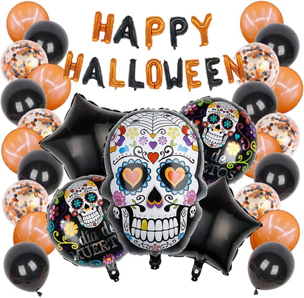 HALLOWEEN FESTGUIRLANDE KRANIEBALLONSÆT SORT ORANGE