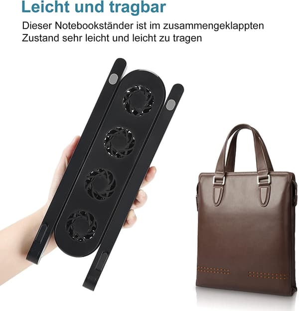 Laptopställ, justerbart bord, svart, hopfällbart med fläkt