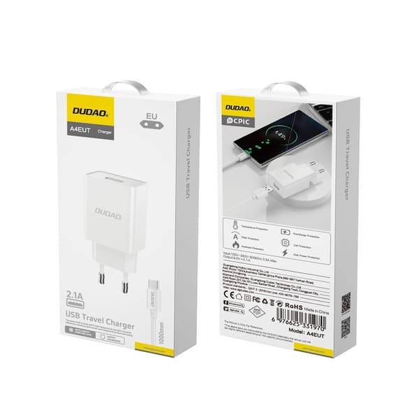 Dudao A4EU USB-A 2.1A väggladdare - vit + USB-A - USB-C-kabel
