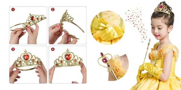 Bella Guld Prinsesse Kostume Sæt - Krone, Scepter, Handsker, 7 Dele