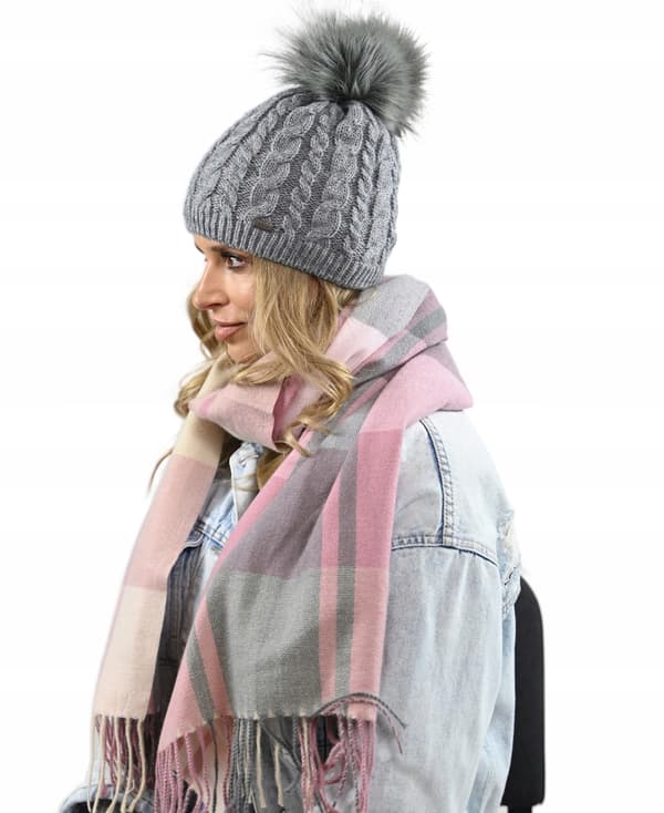 VARM DAMVINTERMÖSSA med pompom, fleecefodrad BEANIA Grå UNI