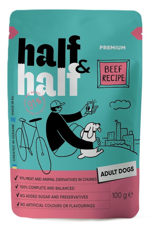 Half&Half | Vådfoder til voksne hunde | 100 g pose - Oksekød i sauce 100 g