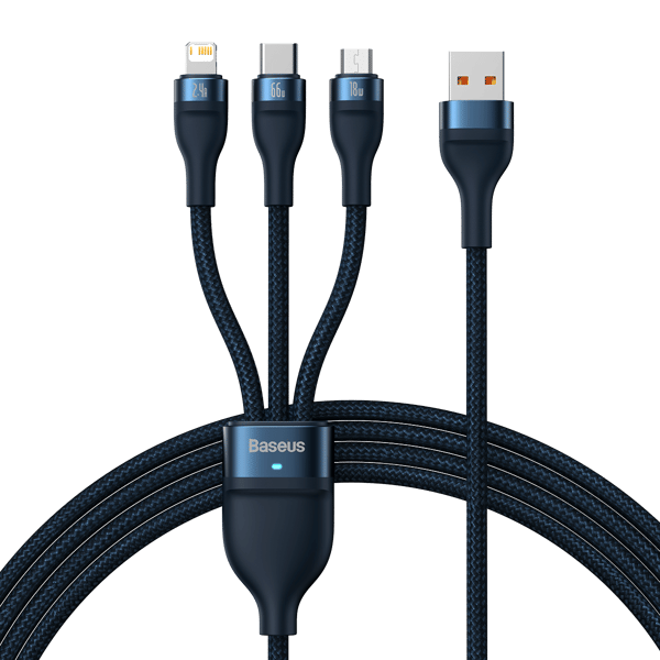Baseus Flash Series 3in1 USB-kaapeli, USB-C + micro USB + Lightning, 66W, 1.2m (sininen)
