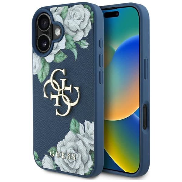 Guess Grained Roses Big 4G logo cover til iPhone 16 blå