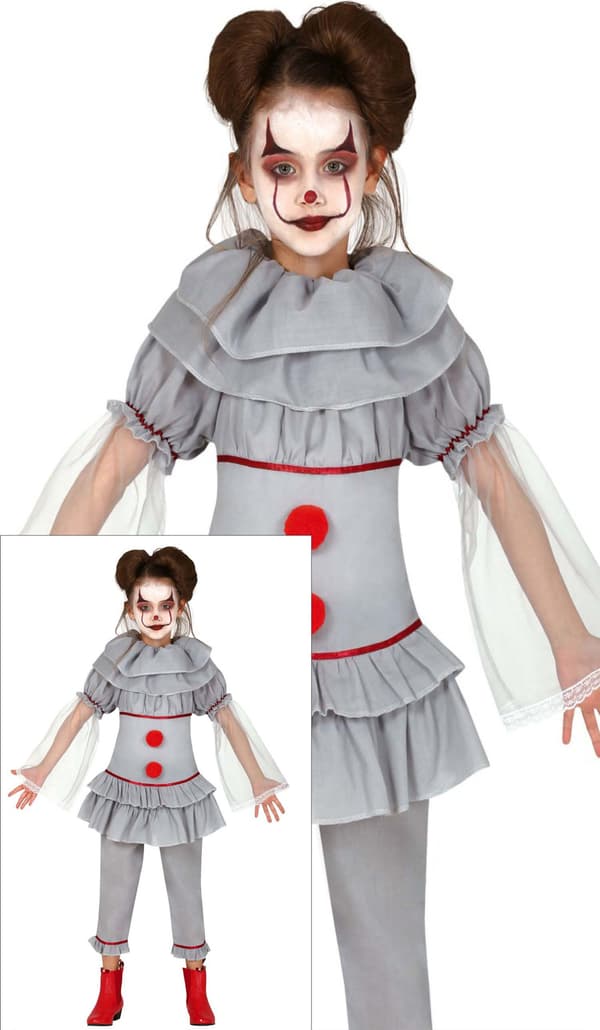 Grå Psycho Clown Killer-kostym 10-12 år