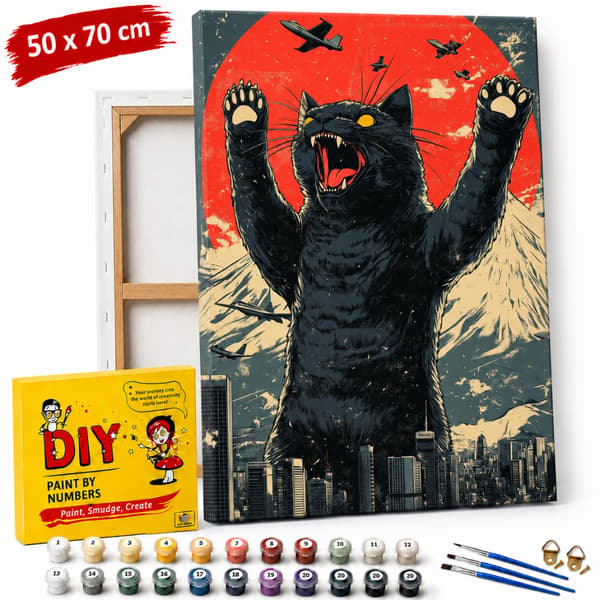 Mal efter nummer billede med ramme Godzilla katten 50x70 cm