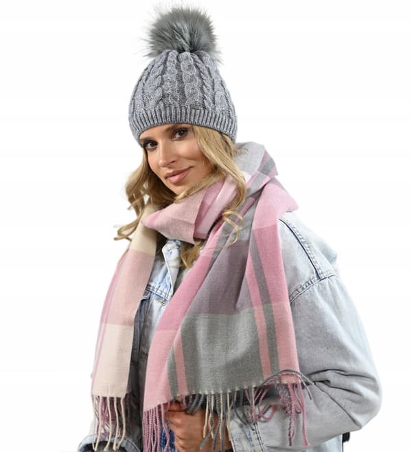 VARM damvintermössa med pompom, fleecefodrad beanie grå UNI