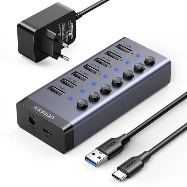 Hub UGREEN 7w1 USB-C, 7x USB-A 3.0 12V 2A CM481 (sort)