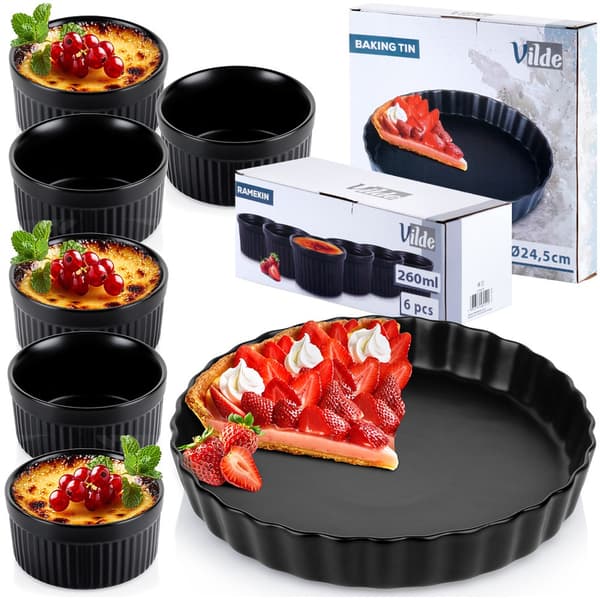 Tartform + keramiska bakeskålar svarta 7 delar