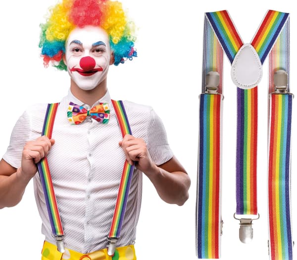 Farverige regnbueklovne seler til cirkuskostume til karneval