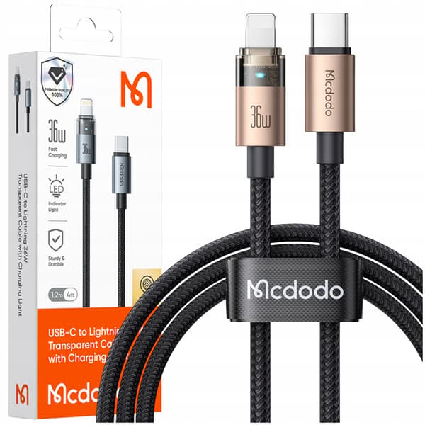 MCDODO USB-C-KABEL SNABBLADDNING FÖR IPHONE LIGHTNING 36W 1M LED GULD
