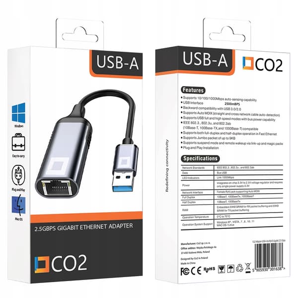 CO2 USB ETHERNET ADAPTER LAN NETVÆRKSKORT GIGABIT RJ45 2500 MBPS