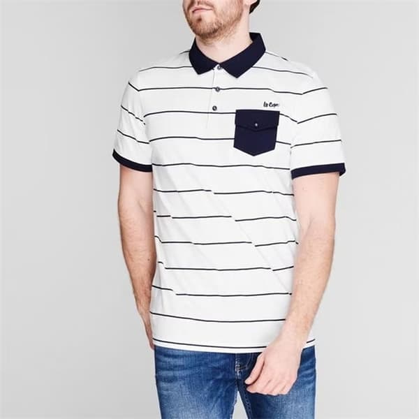Lee Cooper Herr Vit Pikétröja med Marinblå Ränder, Storlek XL