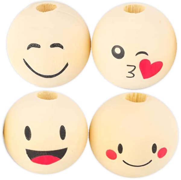 Træperlekugler SMILE FACES 2,5 cm 4 stk.