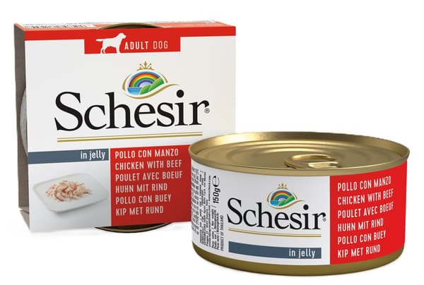 Schesir | Våtfoder för hundar | 150 g burk - Kyckling och nötkött i gelé 150 g