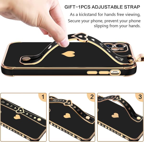 APPLE IPHONE 11 SILIKONE ETUI SORT GULD HJERTE + HOLDER A2111