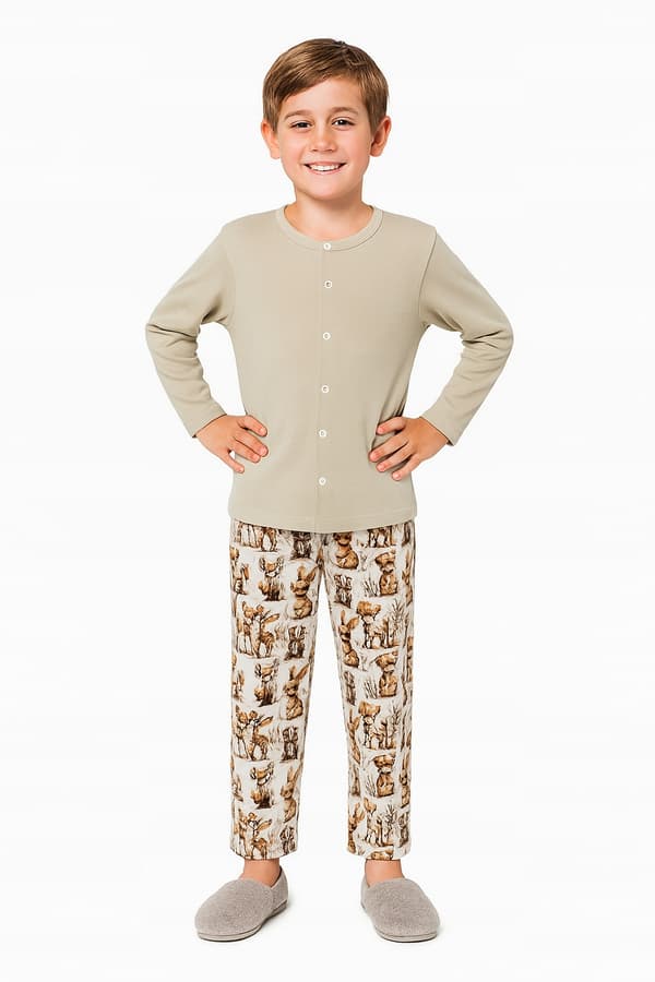 Barnpyjamas BOMULL 122 med knapp för SJUKHUSET BEIGE DEER