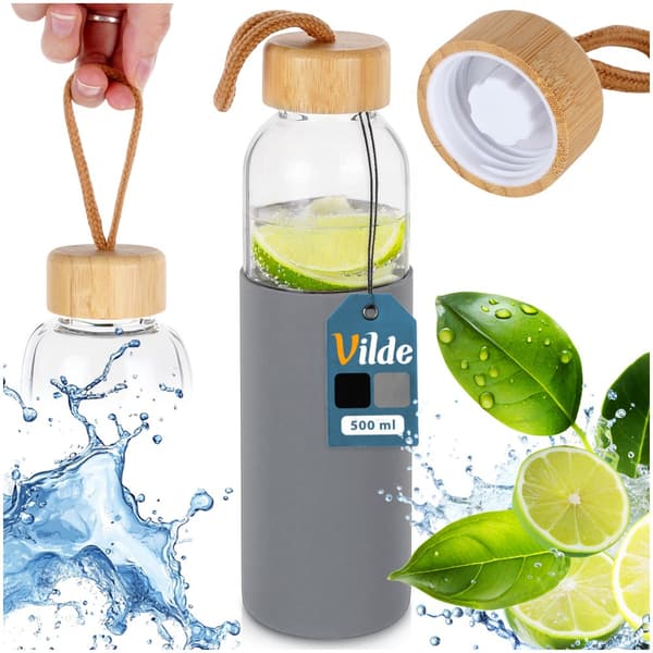 Lasinen vesipullo silikonisella suojalla 500 ml