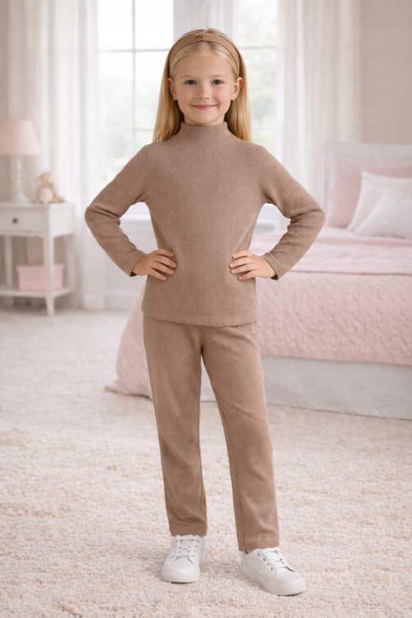 Dartomik barnhalvpolo 140 bomull ribbad elastisk cappuccino