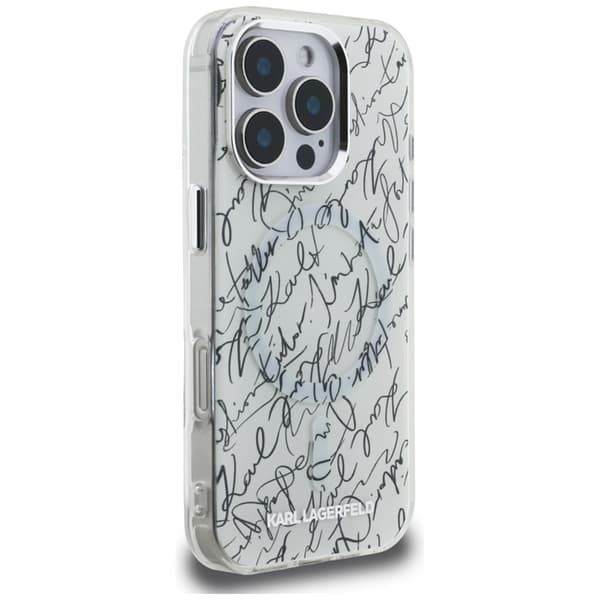 Karl Lagerfeld IML Karl Script Pattern MagSafe - iPhone 16 Pro Max -suojakuori (valkoinen)