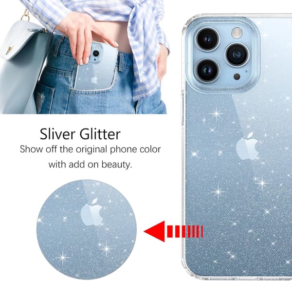 ETUI TIL APPLE IPHONE 15 PRO MAX KLAR SILIKONE BAGSIDER MED GLITTER