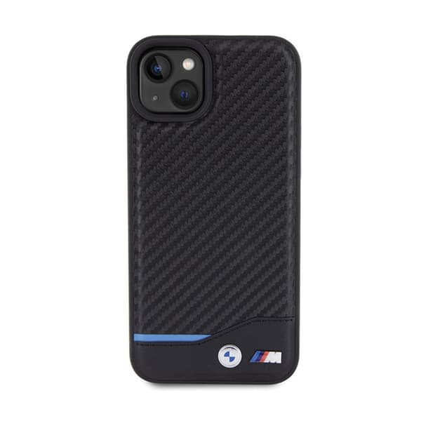 BMW Læder Carbon Blue Line - iPhone 15 Plus Etui (Sort)