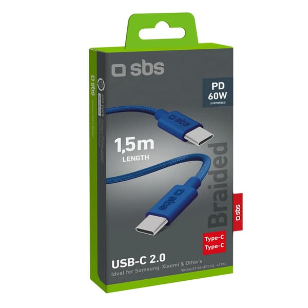SBS TECABLETISSUETCCB USB-C - USB-C 1,5 m 60W flätad kabel - blå