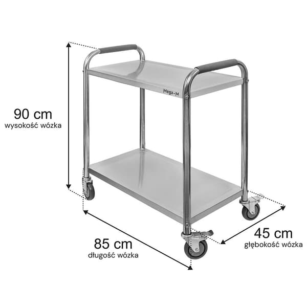 Rustfri stål 2-hylde Mega-M STANDARD serveringsvogn B-85 cm D-45 cm H-90 cm N