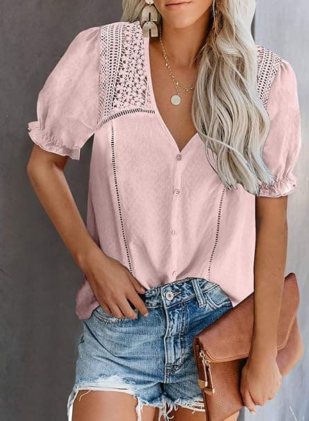 ROSA BLUS MED SPETS, DAM, KORT ÄRM, S