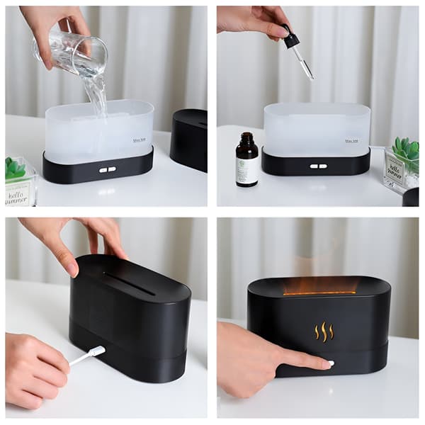 Luftfuktare, aromdiffusor, eldeffekt, LED-kamin, aromaterapi