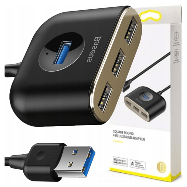 Baseus Square Round 4in1 USB-adapter, HUB USB 3.0 til 1x USB 3.0 + 3x USB 2.0, 1m (sort)