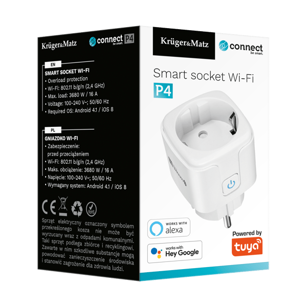 Kruger og Matz Connect P4 intelligent WiFi-stik med Tuya, timer og programmering
