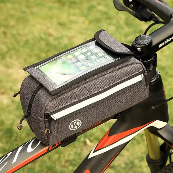 Cykeltaske til ramme med smartphone-etui, grå, to rum