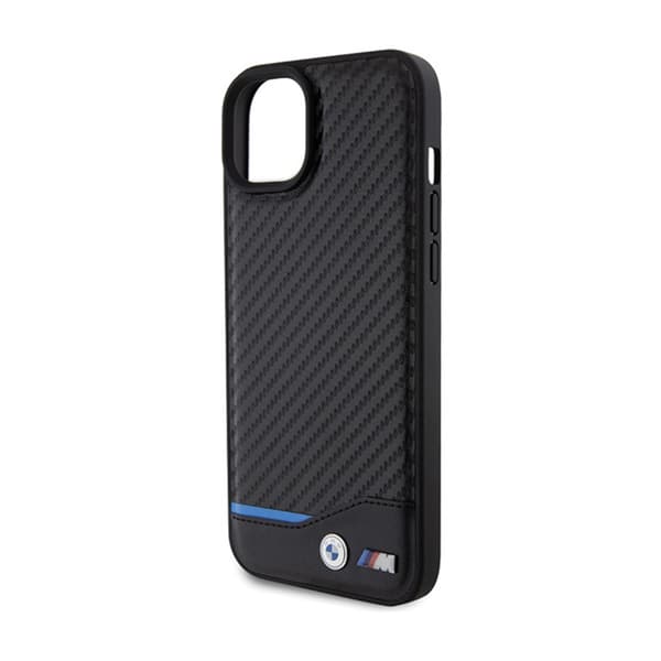 BMW Läder Carbon Blue Line - iPhone 15 Plus Skal (Svart)