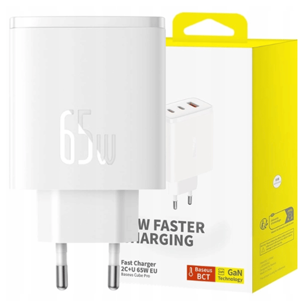 Baseus OS-Cube Pro 2xUSB-C + USB vægoplader, 65W (hvid)