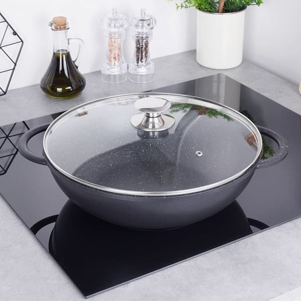 Granit wok-stegepande med glaslåg, stor, 32 cm