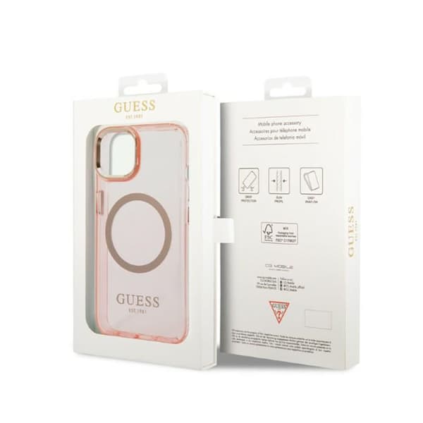 Guess Gold Outline Translucent MagSafe - iPhone 14 Plus cover (lyserød)