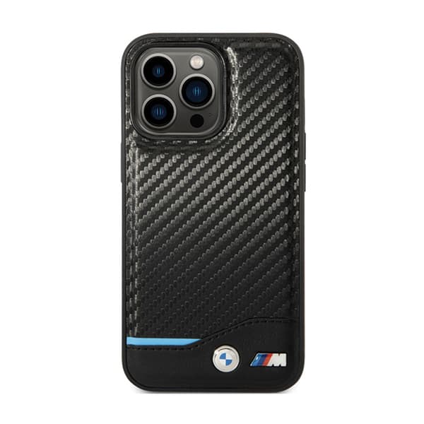 BMW Læder Carbon Blue Line - iPhone 13 Pro Max Etui (Sort)