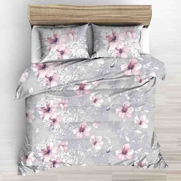 Sengesæt 160x200 grå med store lyserøde blomster