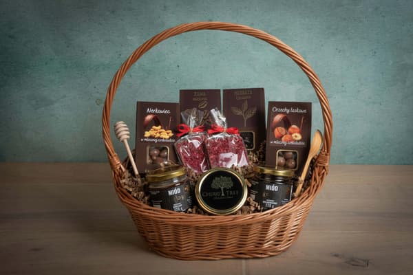 Presentkorg-set mörk med te, kaffe, sötsaker, honung och sylt